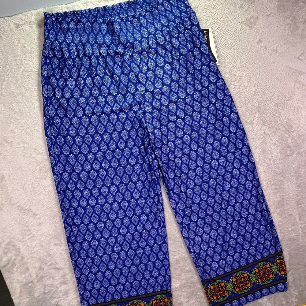 NWT‎ Sharagano Women Palazzo Pants XL Blue Damask Print Smocked Waist Wide Leg
